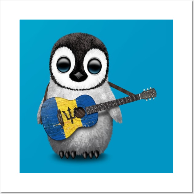 Baby Penguin Playing Barbados Flag Guitar Wall Art by jeffbartels